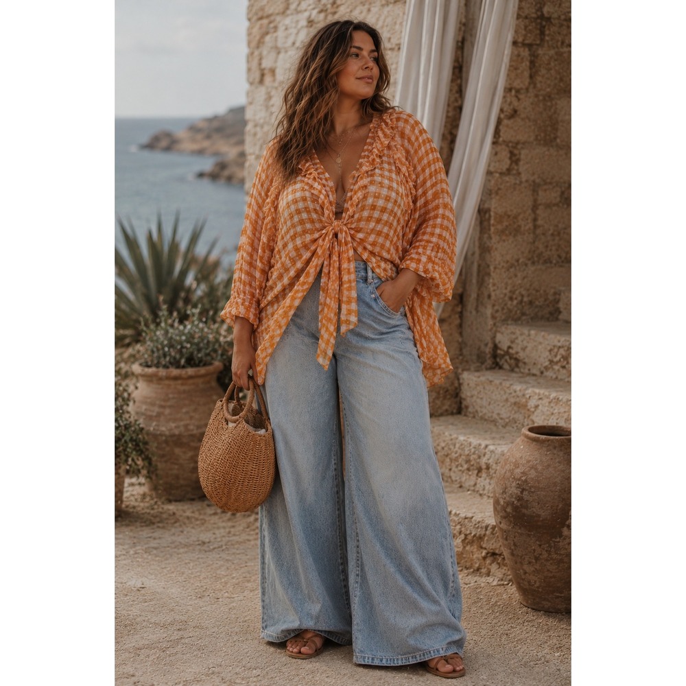 Saachi Orange Gingham Tie Front Ruffle Blouse Sheer Balloon Sleeve Top
